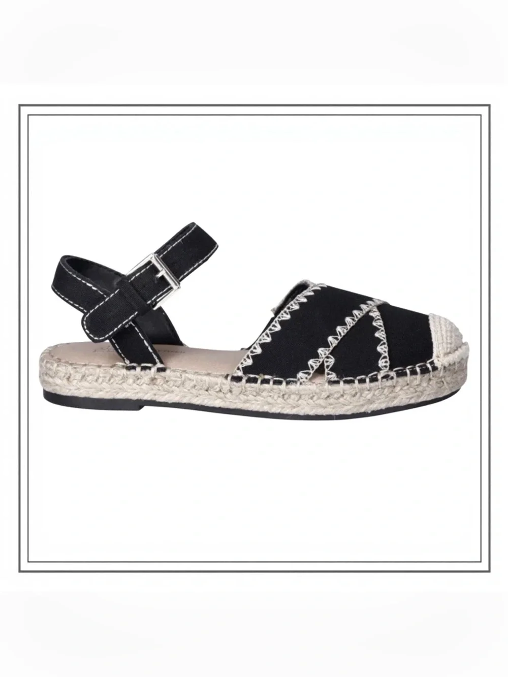 Time and Tru Black And Tan Espadrille Flats Sandals With Ankle Strap Women’s 6.5